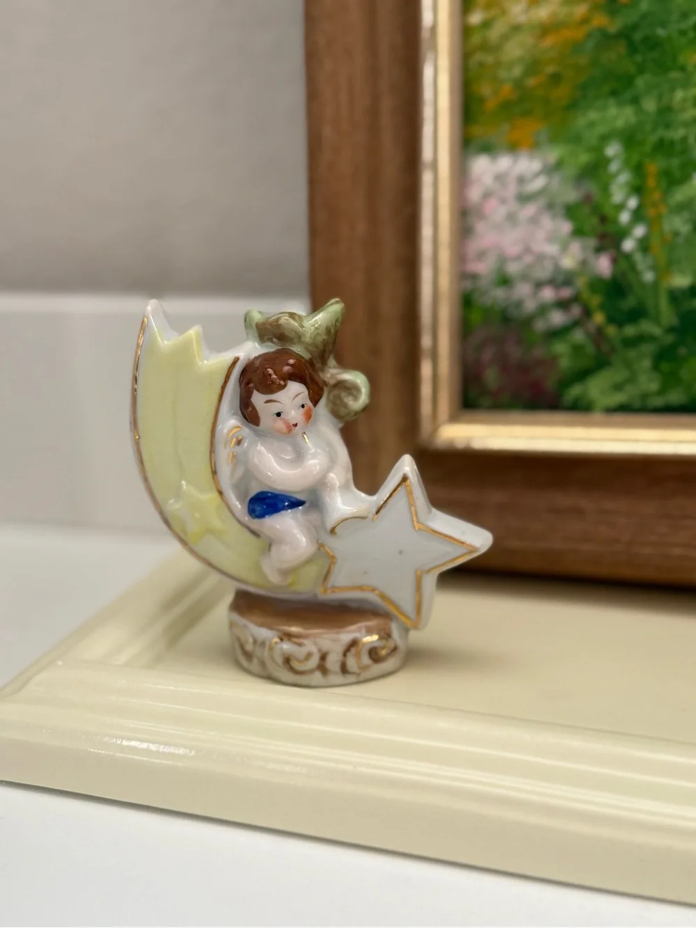 Vintage Occupied Japan Yellow and White Cherub Moon Accent Bud Vase